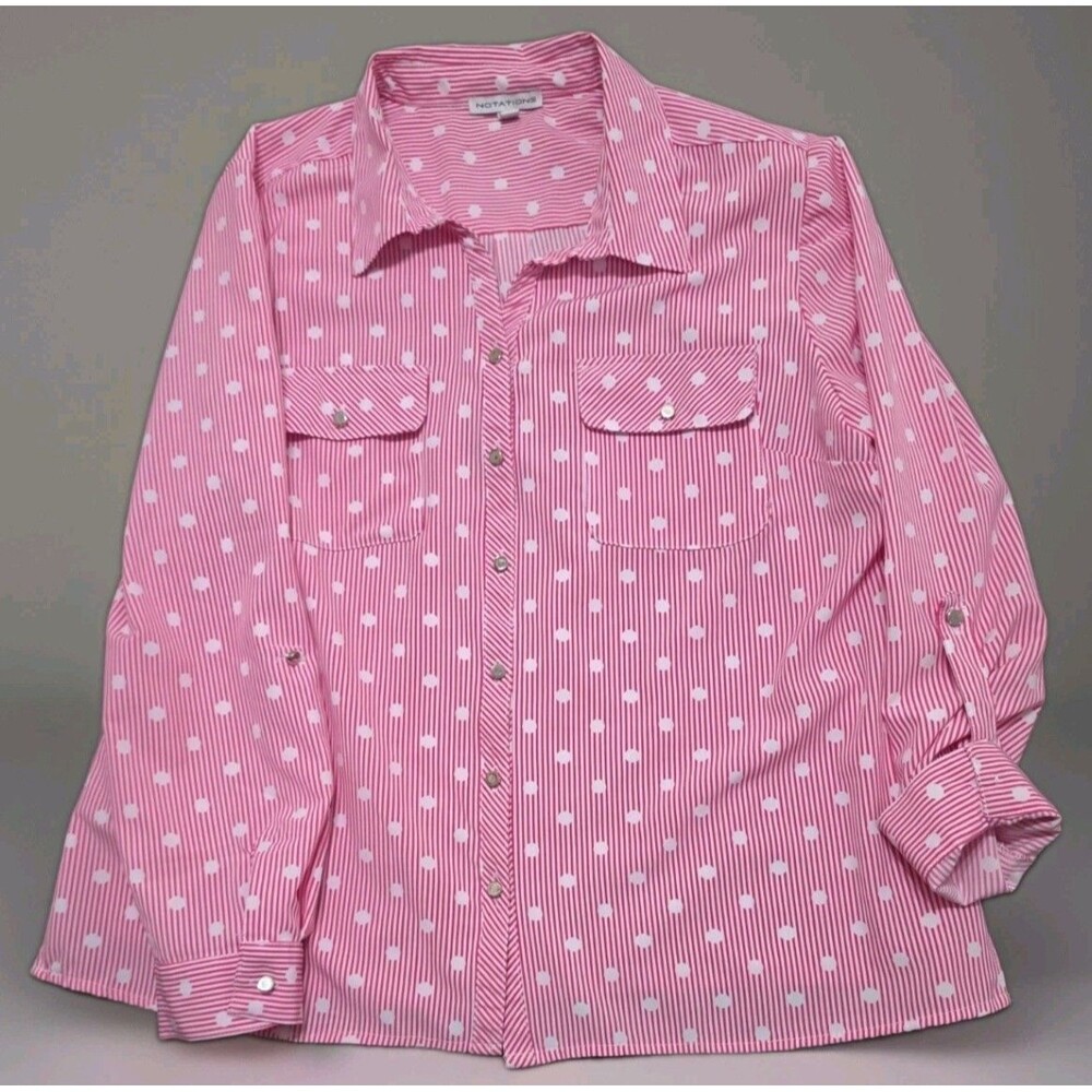 Notations Women's Pink White Striped Polka Dot Roll Tab Sleeve Blouse Vtg Size L